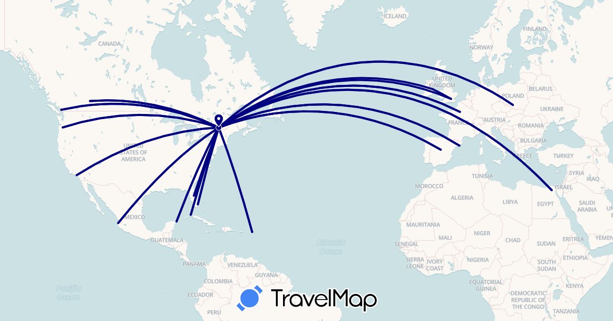 TravelMap itinerary: driving in Canada, Cuba, Egypt, Spain, France, United Kingdom, Ireland, Mexico, Poland, United States (Africa, Europe, North America)